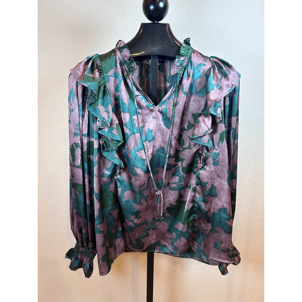 Entro Women Green Mauve Abstract Floral Satin Ruffle Blouse T21787 Large